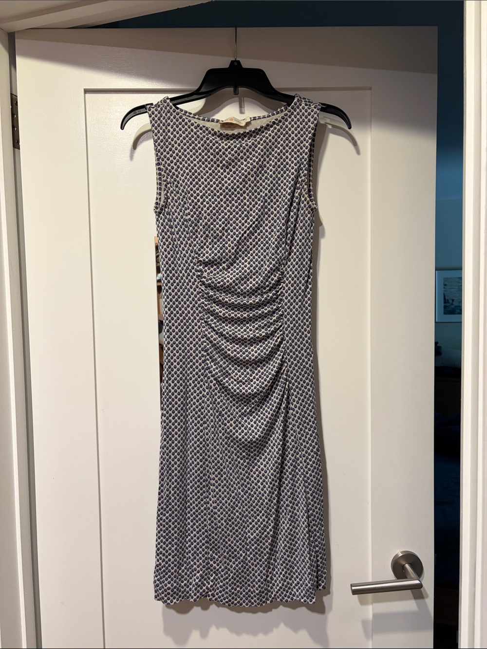 Tory Burch Navy and White Sleeveless Ruched Midi Dress